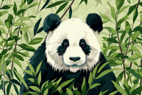 Illustration of a giant panda surrounded by lush green bamboo, conveying tranquility and the beauty of nature photo