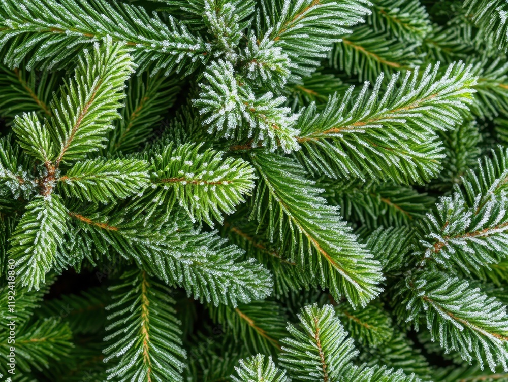 Close-up of Frost-Covered Evergreen Tree Branches, Detailed Texture, Winter Theme. Close-up of Frost-Covered Evergreen Tree Branches, Detailed Texture, Winter Theme.