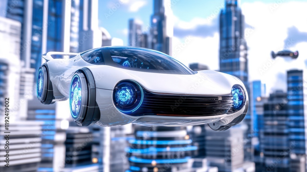 Futuristic Flying Car in Dynamic Urban Landscape with High Rises Futuristic Flying Car in Dynamic Urban Landscape with High Rises