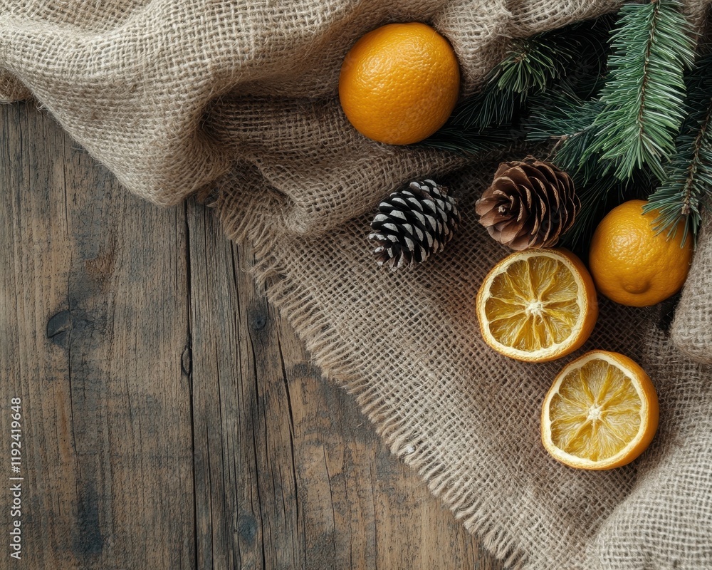 Rustic Christmas Still Life Oranges, Pine Cones, and Evergreen Branches on Burlap and Wood. Rustic Christmas Still Life Oranges, Pine Cones, and Evergreen Branches on Burlap and Wood.