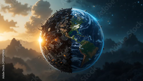Planet earth with one half destroyed and one half preserved, earth day concept, environment preservation concept, Generative AI