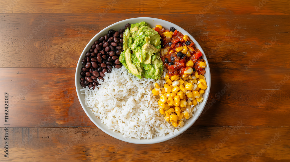 Vegan burrito bowl with fresh and vibrant ingredients Vegan burrito bowl with fresh and vibrant ingredients