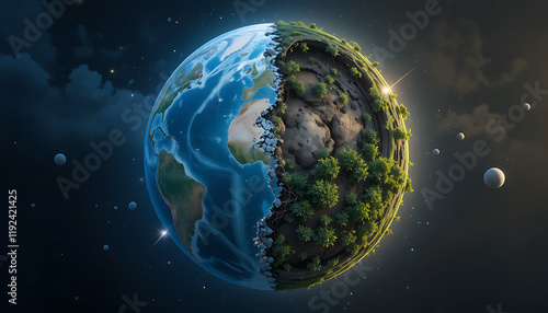 Planet earth with one half destroyed and one half preserved, earth day concept, environment preservation concept, Generative AI