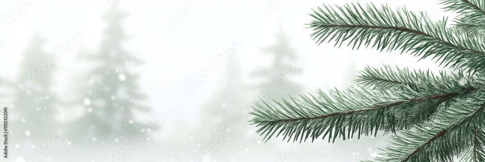 Winter Pine Branches with Snowfall, Soft Focus Forest Background. Winter Pine Branches with Snowfall, Soft Focus Forest Background.