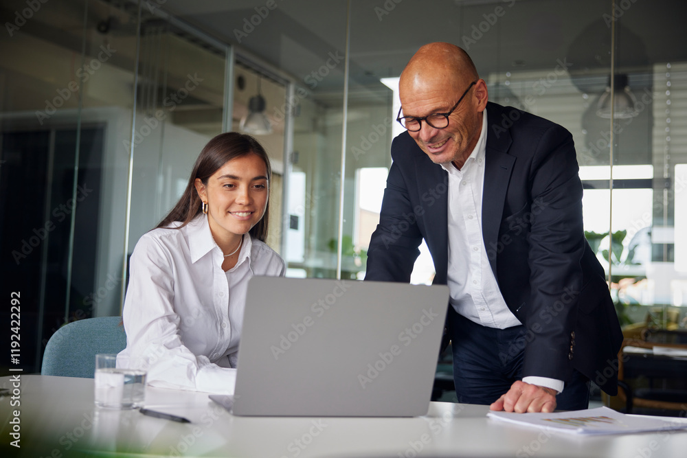 Smiling woman and businessman using laptop at office Smiling woman and businessman using laptop at office