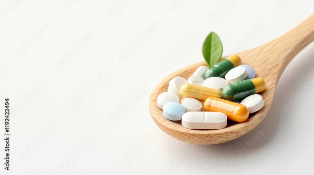 A wooden spoon overflowing with various vitamin capsules and tablets, suggesting natural and holistic health practices alongside traditional supplements. A wooden spoon overflowing with various vitamin capsules and tablets, suggesting natural and holistic health practices alongside traditional supplements.