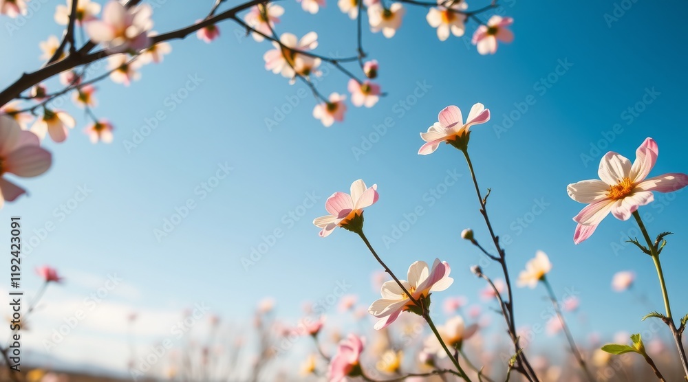 Delicate pink flowers against a clear blue sky, capturing the essence of spring Delicate pink flowers against a clear blue sky, capturing the essence of spring