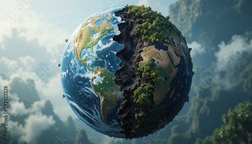 Planet earth with one half destroyed and one half preserved, earth day concept, environment preservation concept, Generative AI