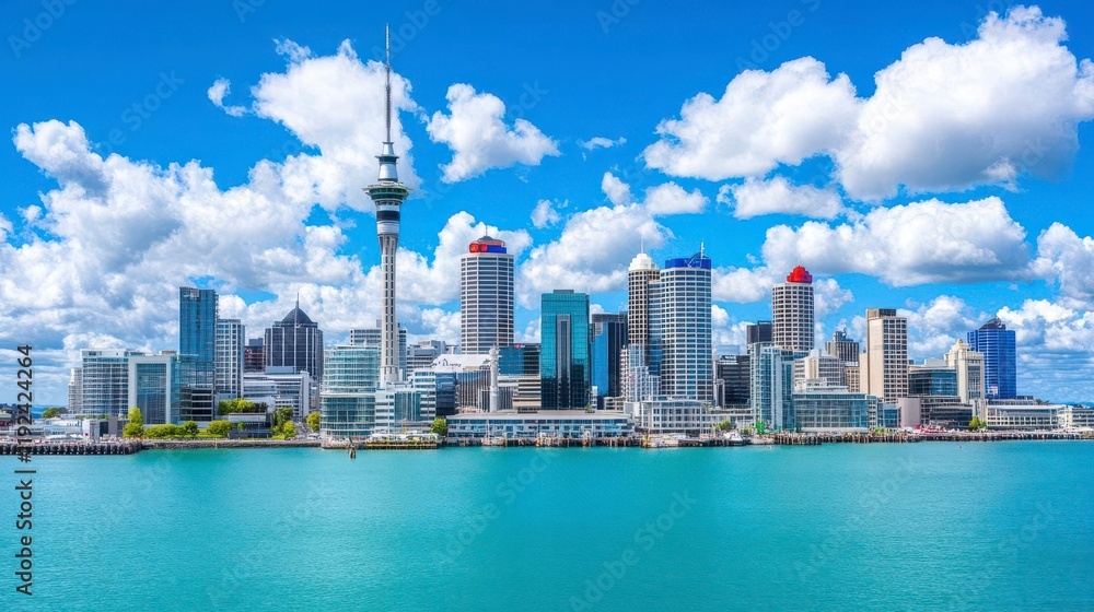 Naklejka premium Vibrant Auckland Skyline with Sky Tower and Blue Waters Beneath