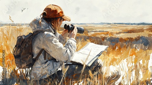 A female ornithologist observes birds through binoculars while perched in a golden field, consulting her field journal.