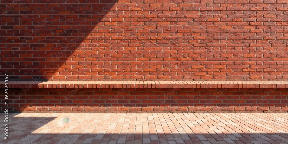 Fototapeta premium Sunlit Brick Wall with Integrated Bench A Study in Architectural Texture and Light and Shadow