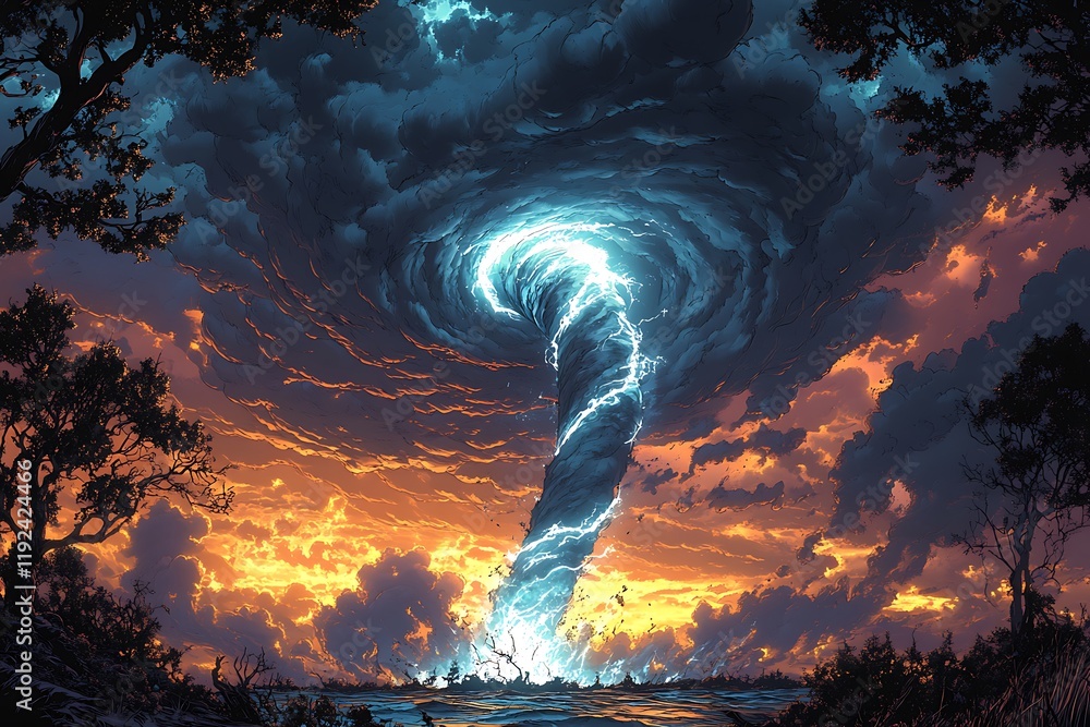 Obraz premium Dramatic Tornado at Sunset Over a Landscape