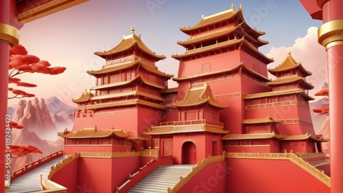 Wallpaper Mural three dimensional chinese castle on red background Torontodigital.ca