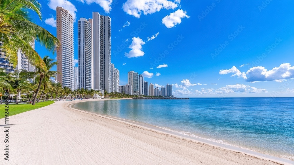 Obraz premium Tranquil Beachfront with High-Rise Buildings and Clear Blue Sky