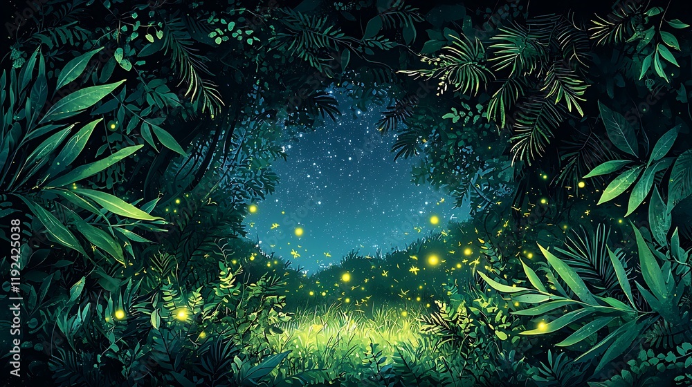 Fototapeta premium Enchanting Night Scene of Lush Tropical Foliage Illuminated by Fireflies Under a Starry Sky.