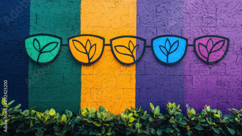 Colorful mural featuring glasses with leaf designs, symbolizing nature and creativity. vibrant colors create inspiring atmosphere, perfect for social justice themes photo