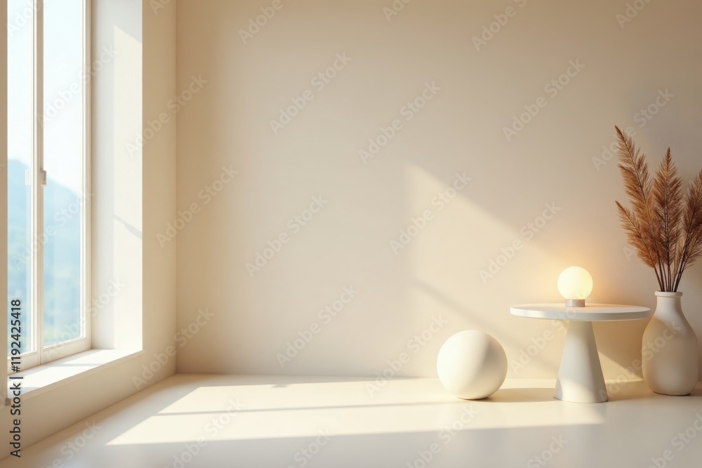 Fototapeta premium Serene Minimalist Interior Scene with Sunlight Illuminating a Tabletop Arrangement