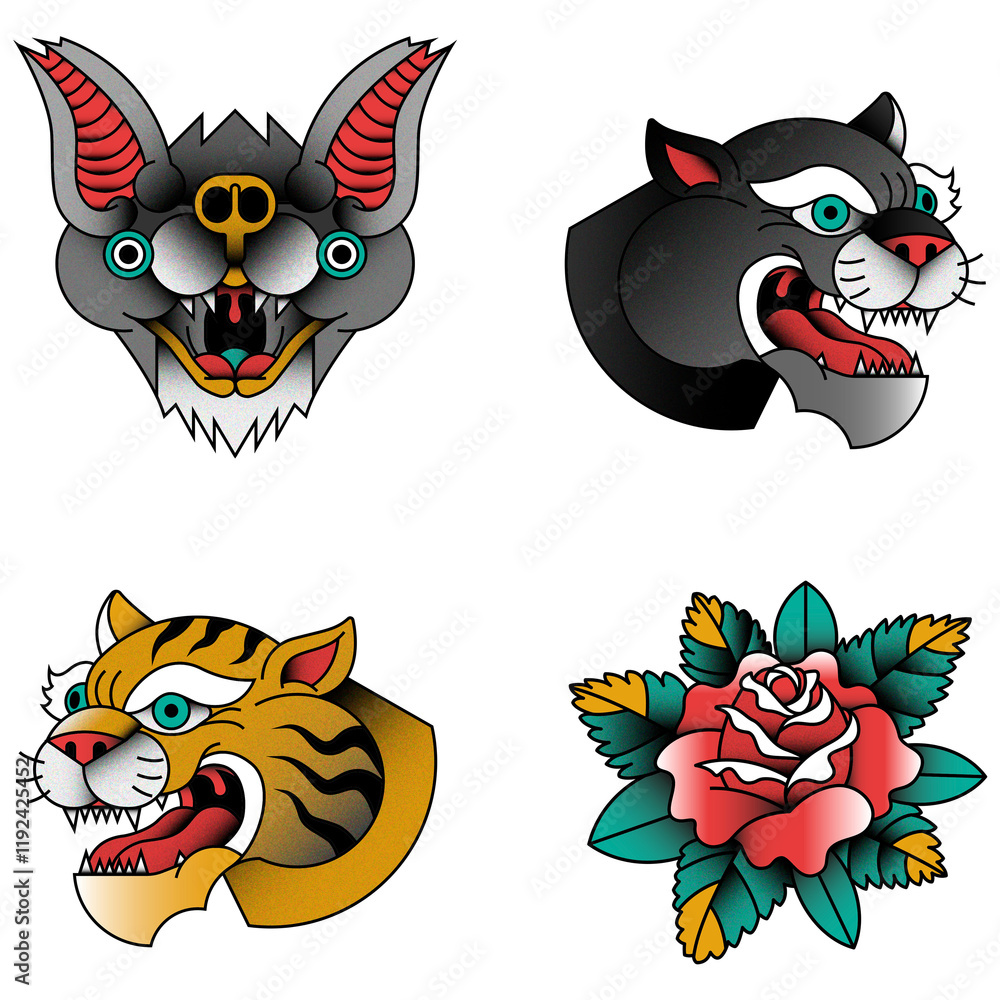 Fototapeta premium Traditional old school sticker set transparent png