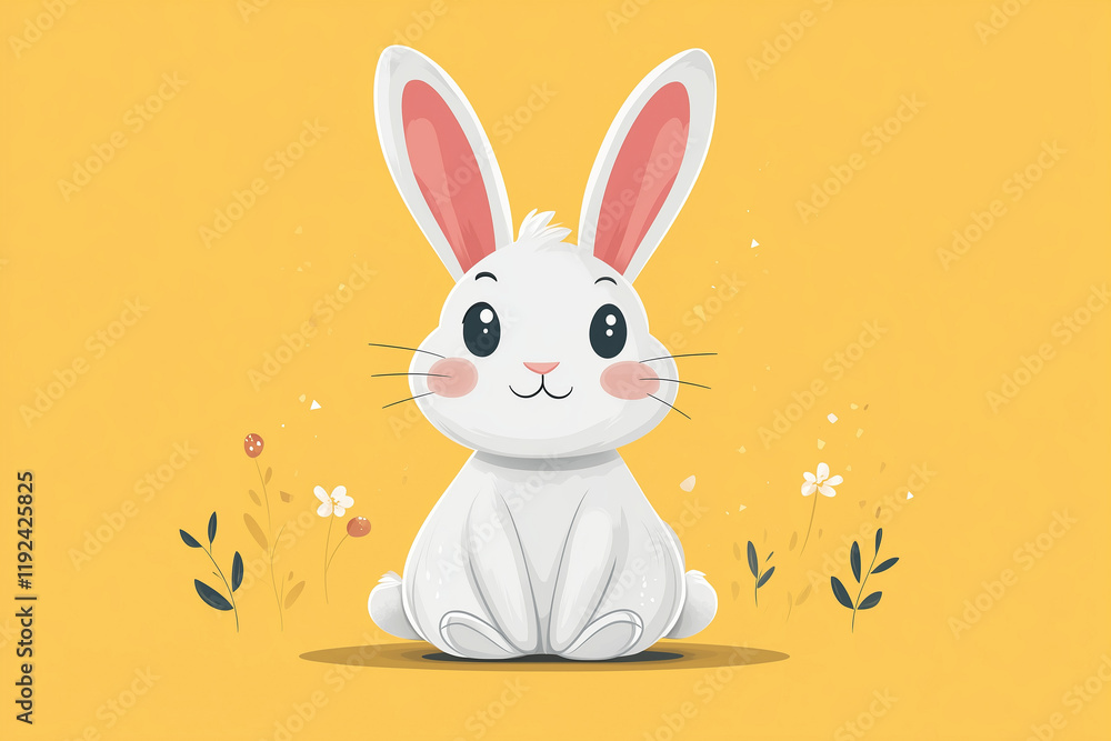 Fototapeta premium Smiling Easter bunny sitting on a bright yellow background with spring flowers 