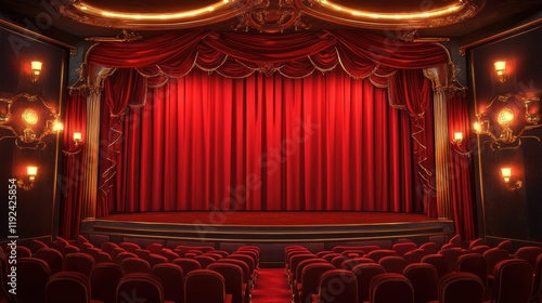 Opulent Theater Interior with Red Velvet Curtain, Golden Accents, and Empty Red Seats.