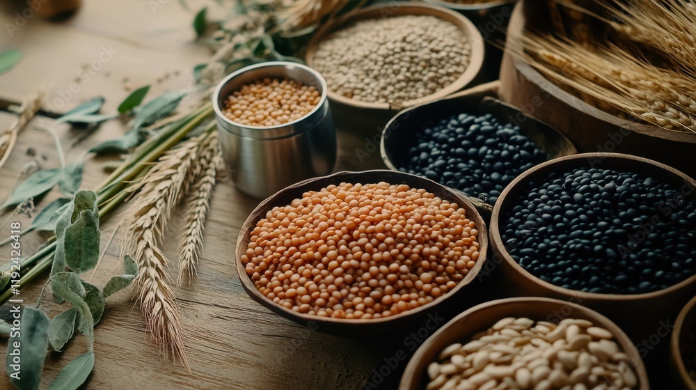 Colorful display of diverse beans and legumes in wooden bowls with green leaves on a rustic table setting Colorful display of diverse beans and legumes in wooden bowls with green leaves on a rustic table setting