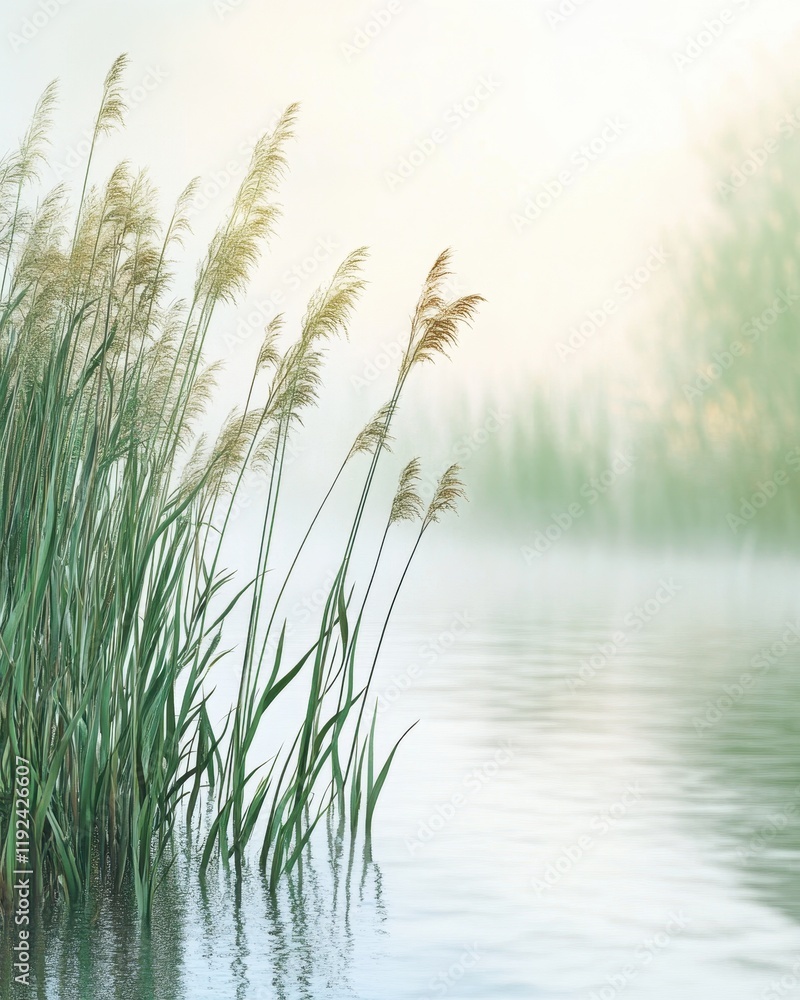 Fototapeta premium Serene Lakeside Scene with Reeds in Morning Mist.