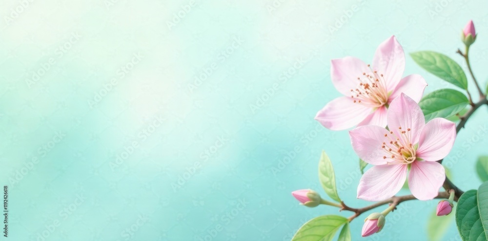 Naklejka premium Delicate Pink Blossoms on a Branch Against a Soft Aqua Background, Symbolizing Springtime Freshness and Renewal