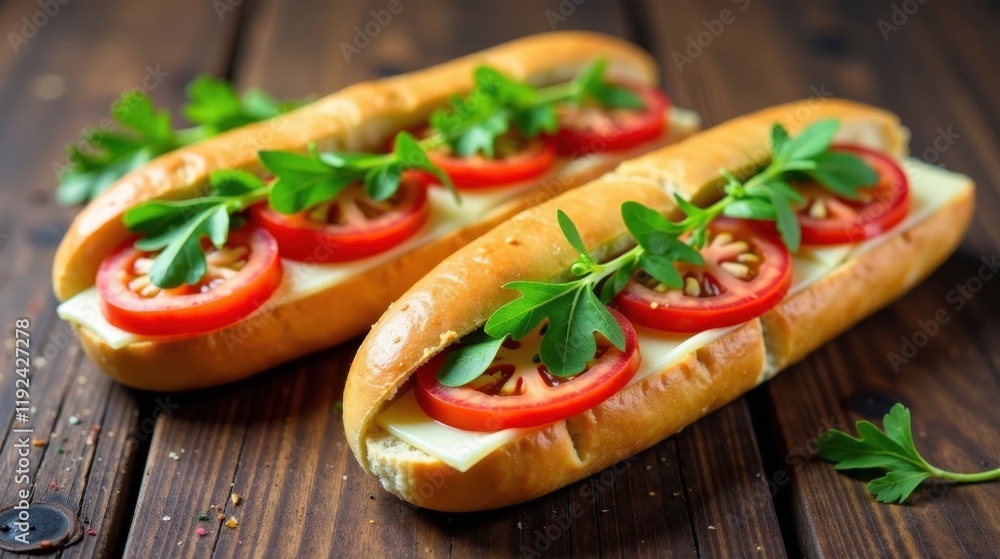 Delicious Crusty Rolls with Fresh Tomato and Cheese Slices, Garnished with Aromatic Herbs Delicious Crusty Rolls with Fresh Tomato and Cheese Slices, Garnished with Aromatic Herbs