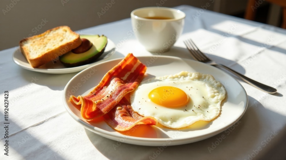 A sunny-side-up egg and crispy bacon breakfast plate, accompanied by toasted bread and avocado slices, bathed in morning sunlight on a pristine white tablecloth. A sunny-side-up egg and crispy bacon breakfast plate, accompanied by toasted bread and avocado slices, bathed in morning sunlight on a pristine white tablecloth.