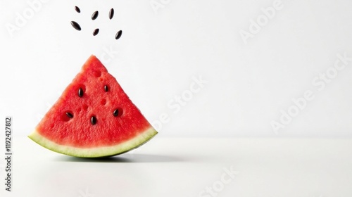 A refreshing slice of watermelon with seeds playfully floating above it, against a clean white backdrop
