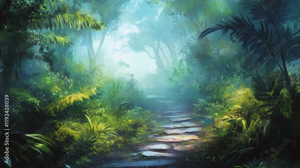 Fototapeta premium Enchanting Path Through a Lush, Misty Tropical Rainforest with Stone Stepping Stones.