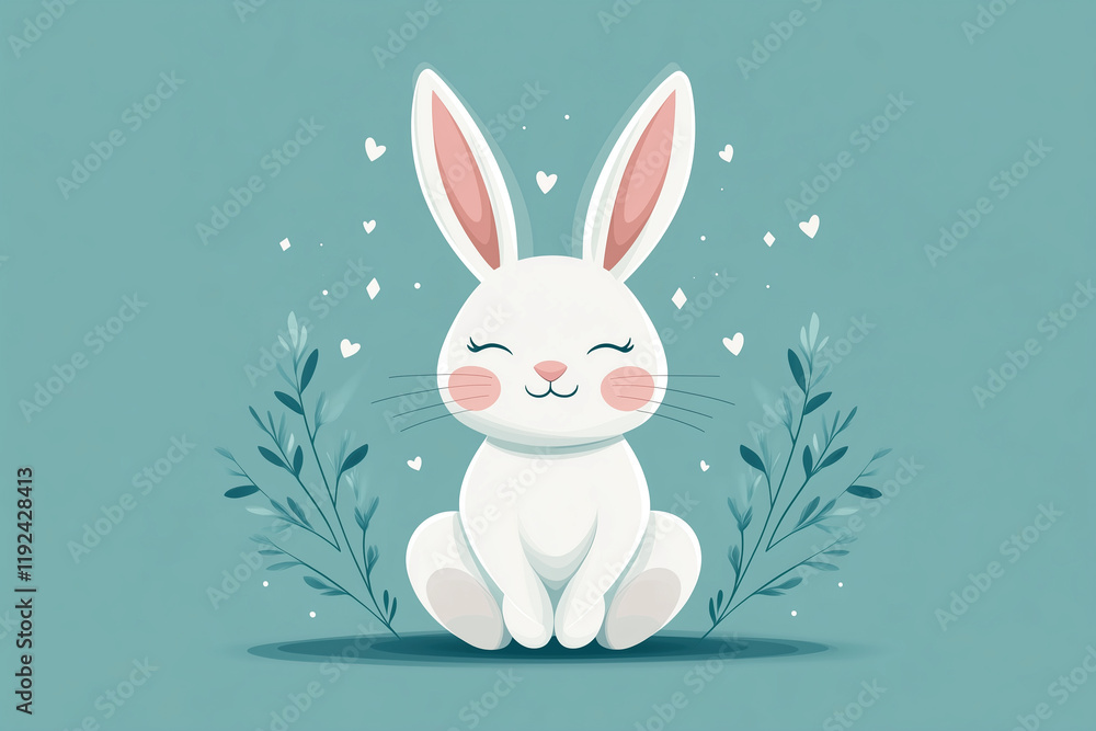 Obraz premium Cute cartoon rabbit in a pastel-colored scene with floating hearts.