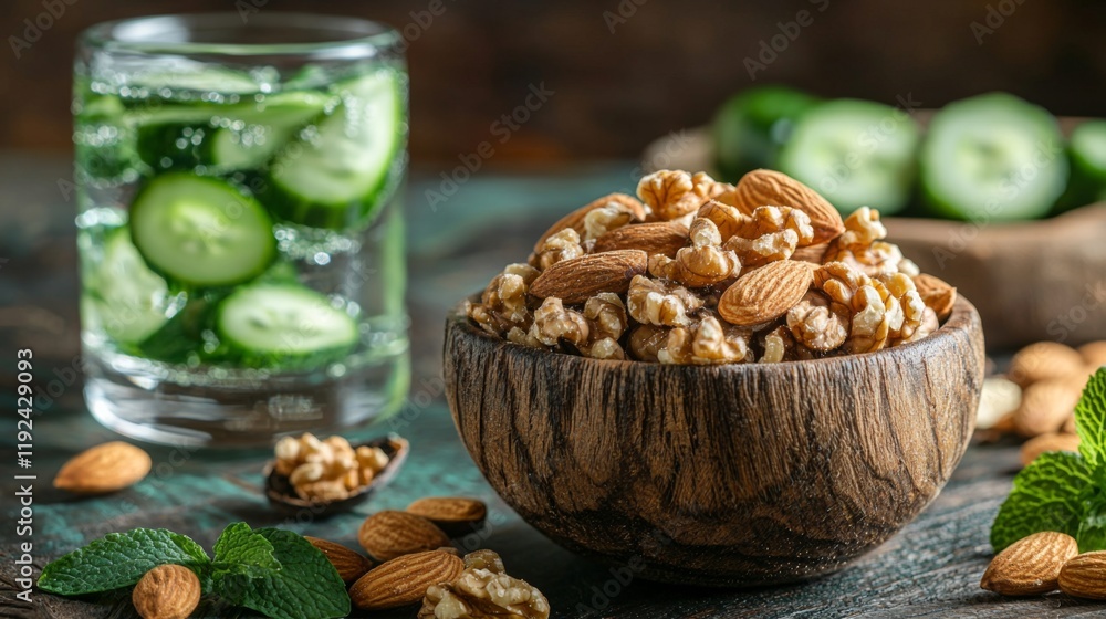 Rustic table display small bowl of almonds and walnuts Rustic table display small bowl of almonds and walnuts