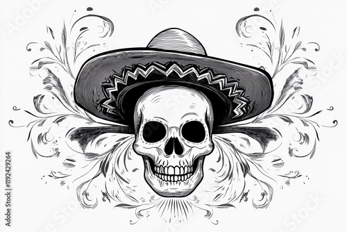 Skull wearing a sombrero with decorative flourishes