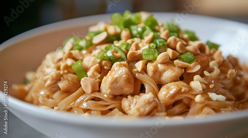 Delicious Chicken Pad Thai Noodles with Peanuts and Green Onions photo