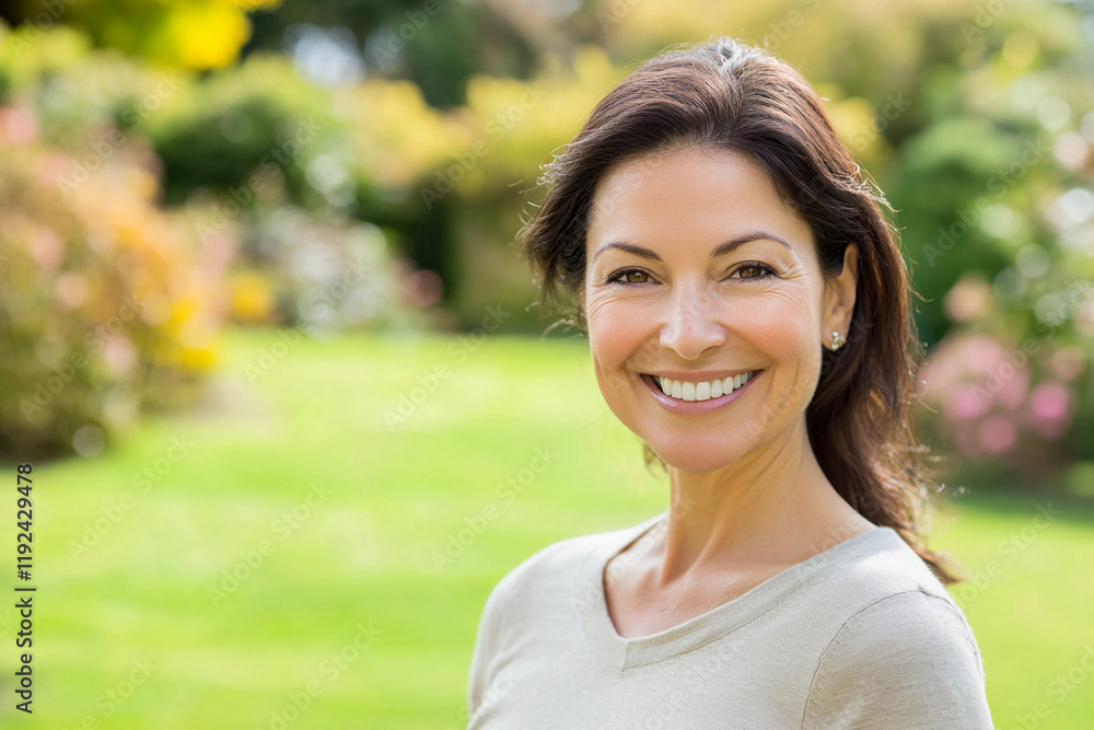 Smiling woman in a lush garden during sunny afternoon Smiling woman in a lush garden during sunny afternoon