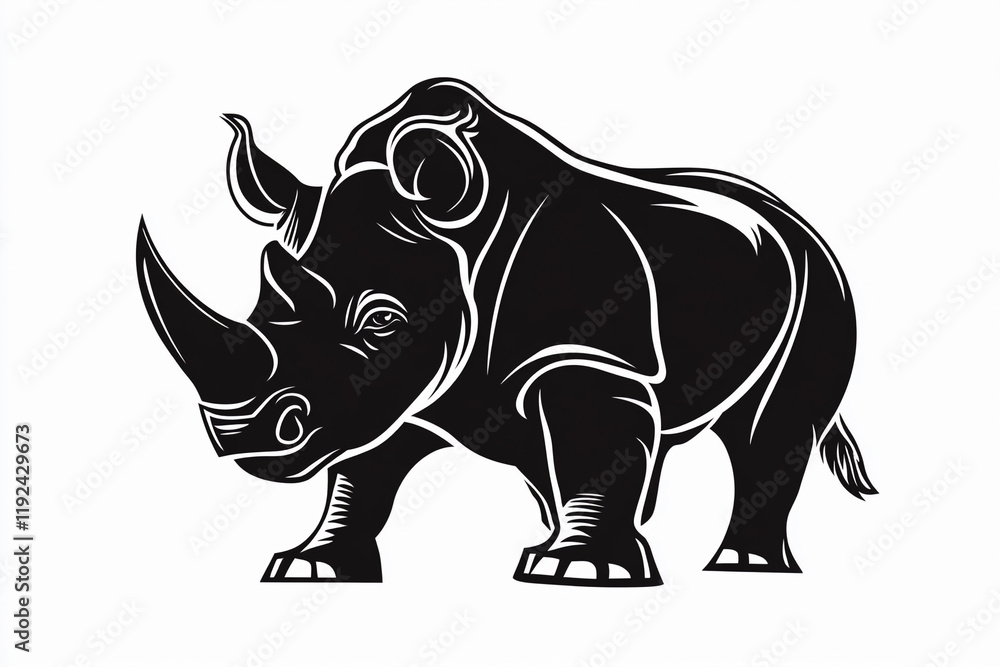 Fototapeta premium Black silhouette of a rhinoceros on a white background