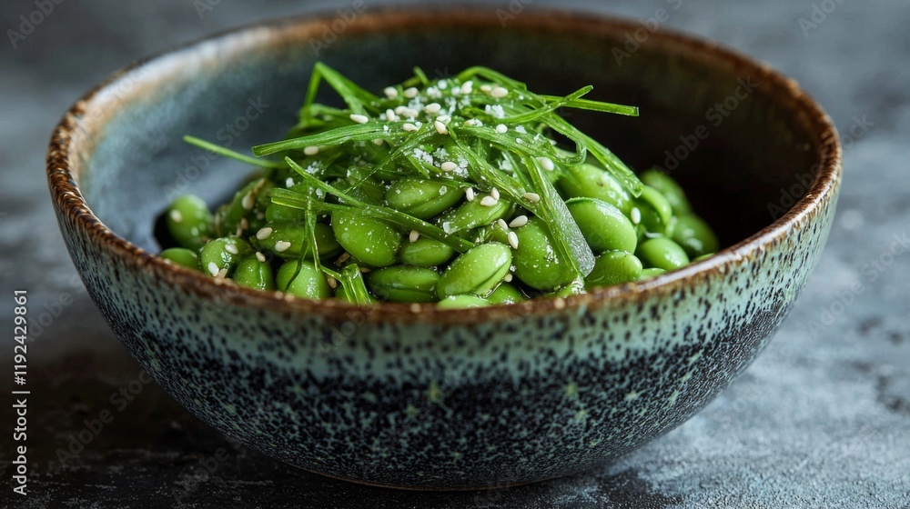 Steamed edamame with sea salt and sesame seeds in a bowl Steamed edamame with sea salt and sesame seeds in a bowl