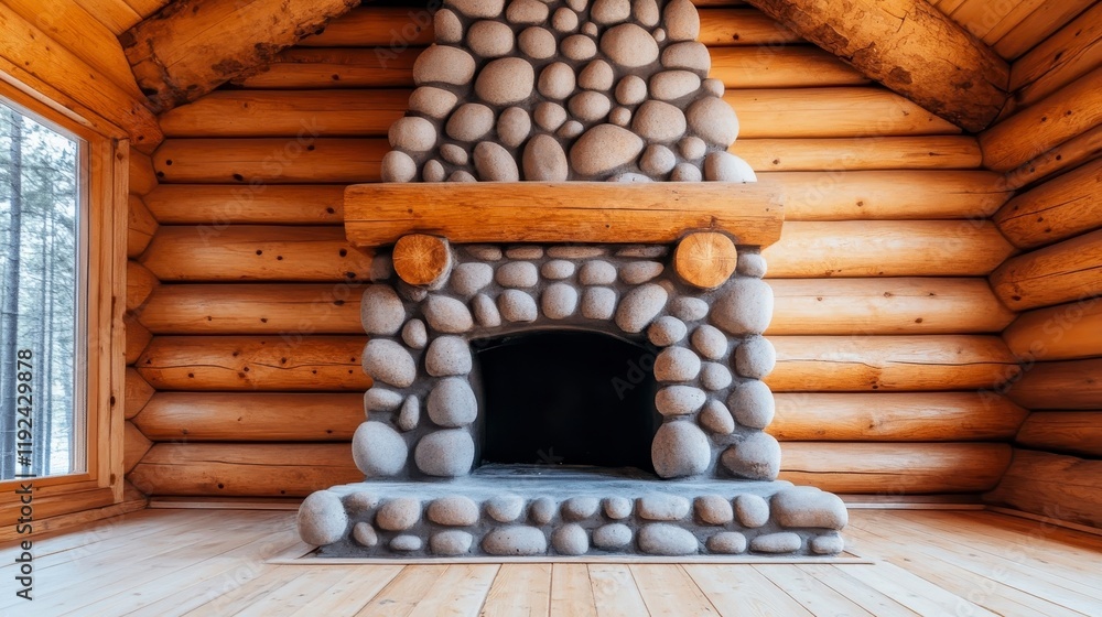 Rustic Log Cabin Interior with Stone Fireplace and Wooden Walls Rustic Log Cabin Interior with Stone Fireplace and Wooden Walls