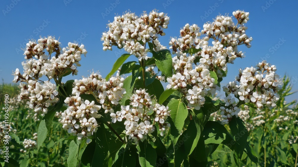 Beautiful buckwheat blossoms create a stunning landscape under a clear blue sky Beautiful buckwheat blossoms create a stunning landscape under a clear blue sky