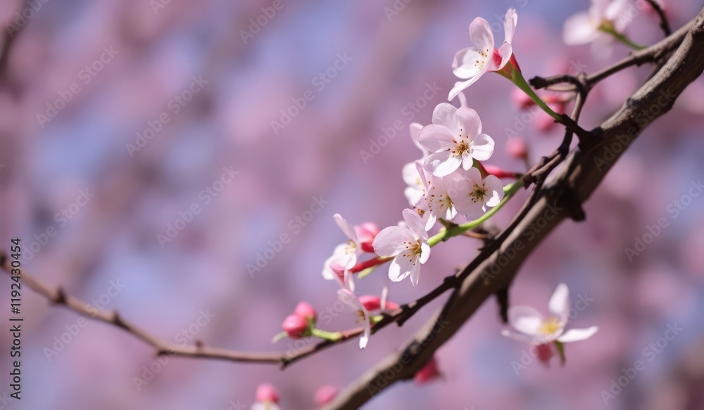 Cherry blossoms in full bloom against a soft, pastel blue and pink background Cherry blossoms in full bloom against a soft, pastel blue and pink background