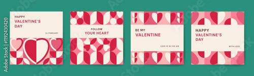 Happy Valentines Day geometric square Card, 14 February. Trendy simple shapes. Template for social media posts, banners, posters, cover. Be my Valentine follow your heart typography in red pink color