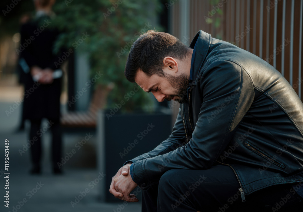 Man in Leather Jacket Sitting, Head Down, Sad Man in Leather Jacket Sitting, Head Down, Sad