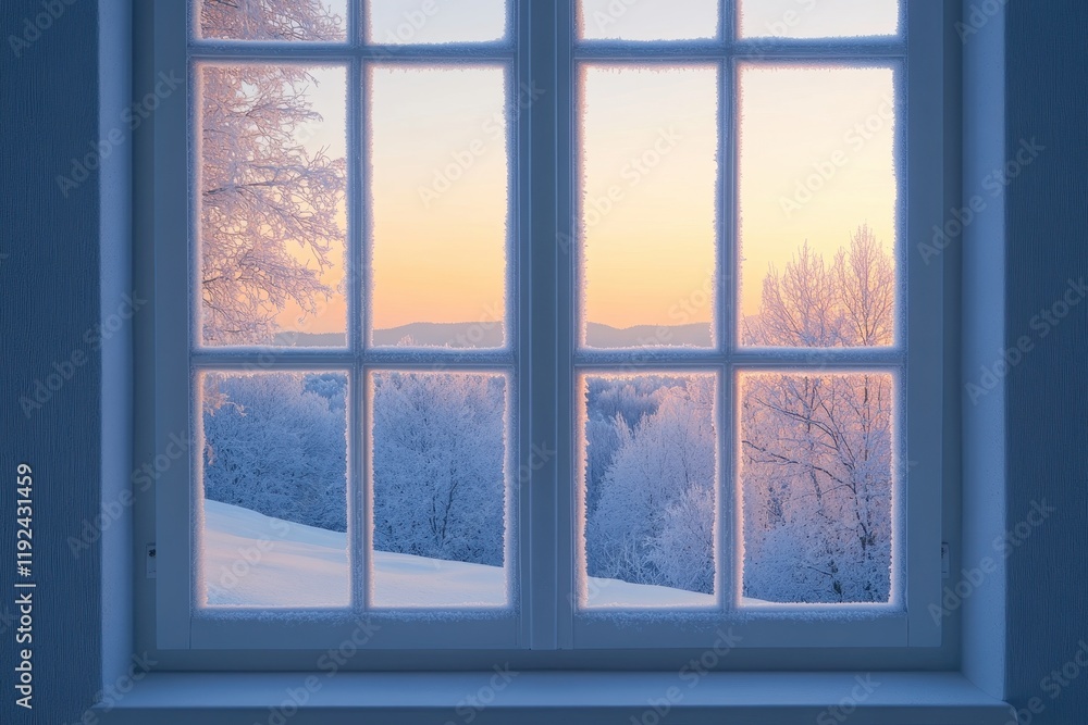 Frosty Window View at Sunrise Snowy Landscape and Rime-Covered Trees.