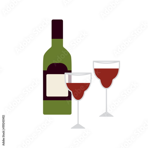 Red wine bottle, two filled glasses. Vine drink and wineglasses couple. Festive alcoholic beverage, alcohol in goblets, stemware for celebration. Flat vector illustration isolated on white background