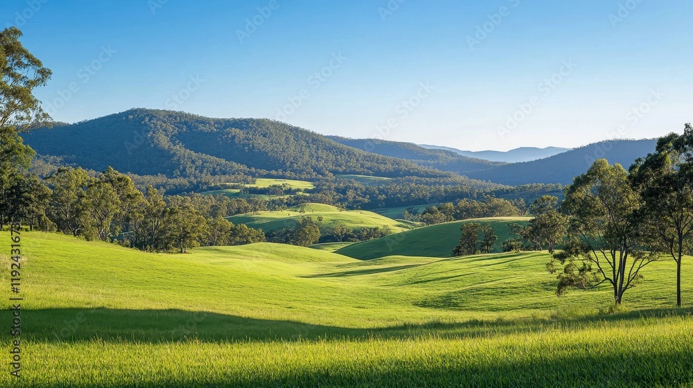 Fototapeta premium Lush Green Rolling Hills Landscape with Distant Mountains under a Clear Blue Sky.