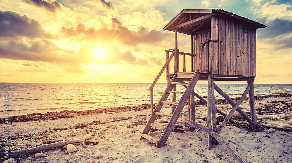 Lifeguard tower on a deserted beach, surrounded by driftwood and shells, soft evening light, calm and nostalgic vibe Lifeguard tower on a deserted beach, surrounded by driftwood and shells, soft evening light, calm and nostalgic vibe