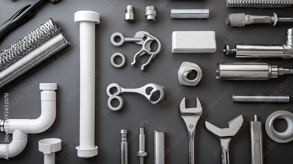 Fototapeta premium A plumber's workspace showing a white sink pipe, wrench, and repair tools.