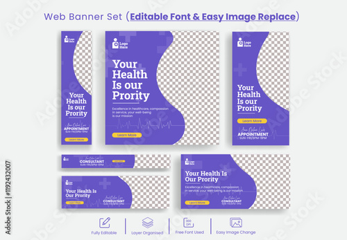 Medical Healthcare Web Banner Ads editable template Set,  online healthcare consultation Google Ads Banner, Healthcare web banner bundle, social media cover header background, dental care banner set photo