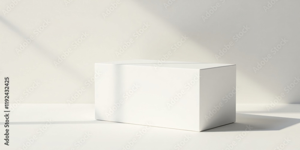 Fototapeta premium A pristine white rectangular box rests on a minimalist surface, bathed in soft, natural light casting gentle shadows, providing a clean and simple backdrop for product display or design presentation.